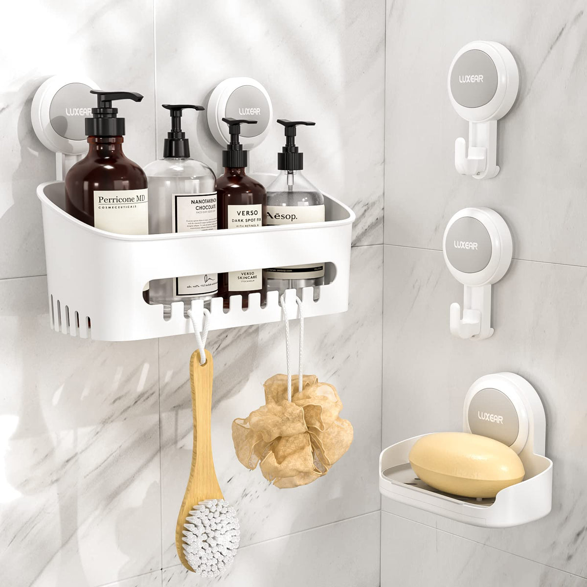LUXEAR Shower Caddy Suction Cup, No Drilling Strong Hold Shower Organizer with Hooks & Soap Dish Fast Draining Removable Reusable Bathroom Storage Shelf Friendly for Bathroom/Kitchen/RV 22LBS Capacity