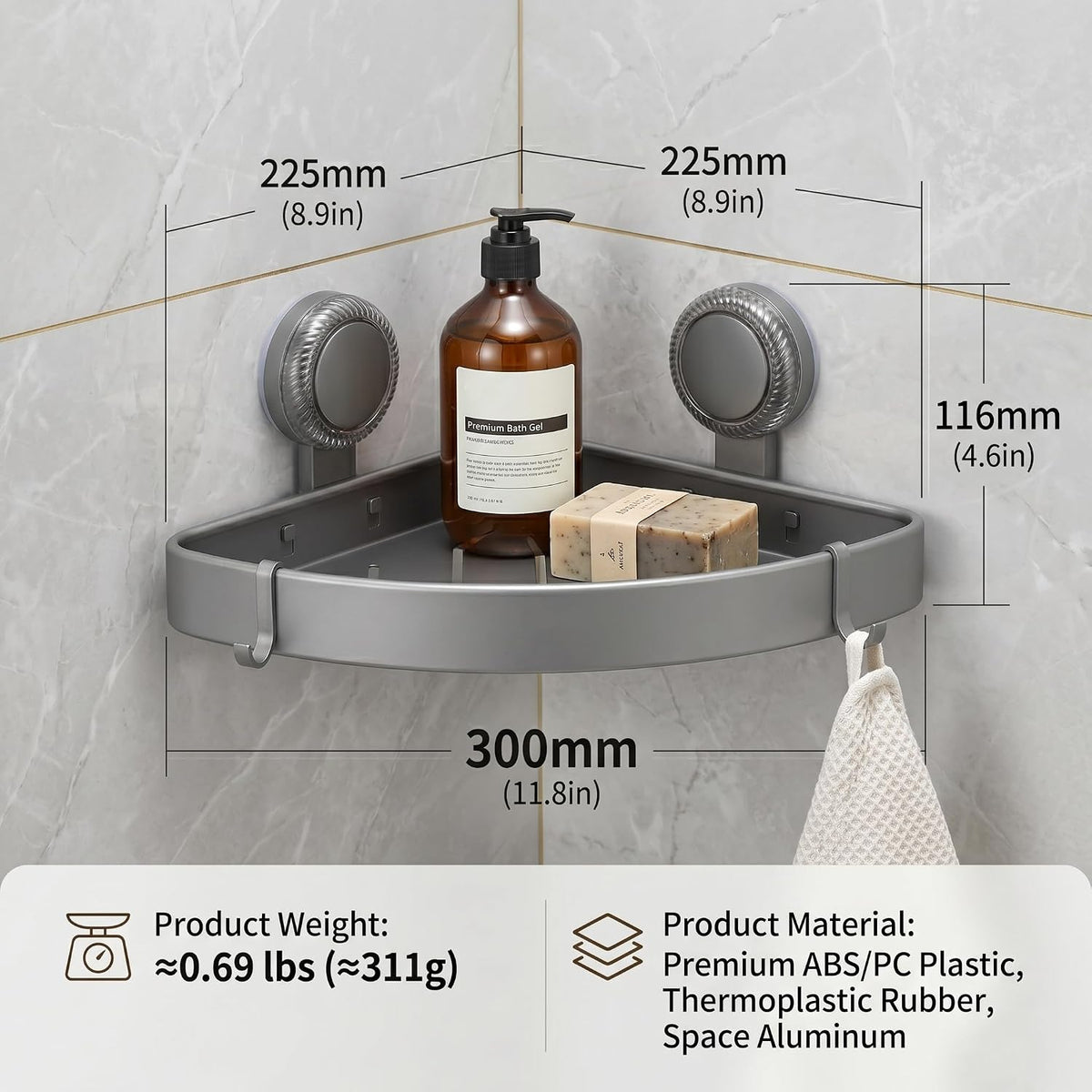 2 Pack Corner Shower Caddy, No Drill Aluminum Suction Cup Shelves