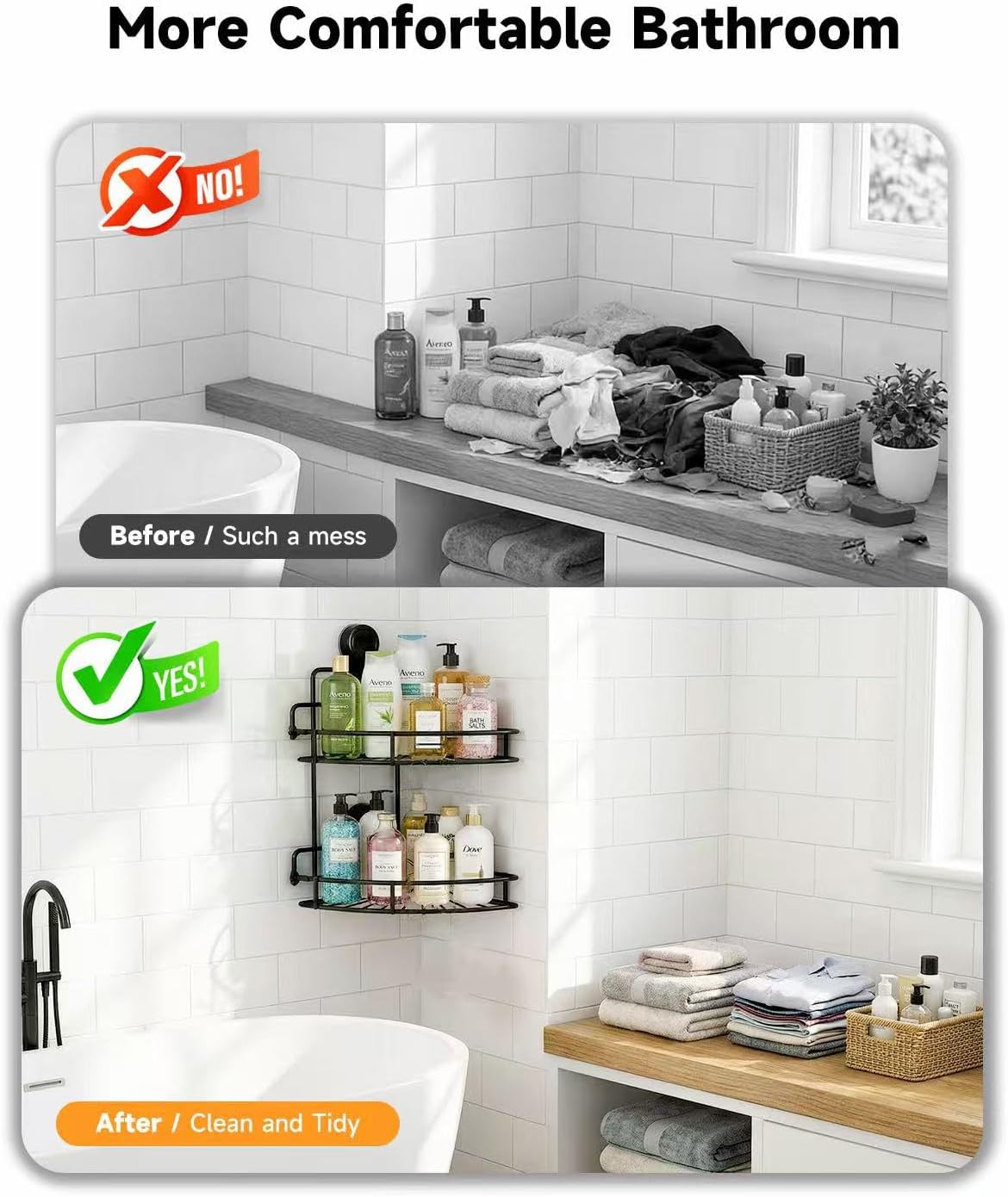 Shower Caddy Suction Cup, 2 Pack Suction Shower Shelf, Black