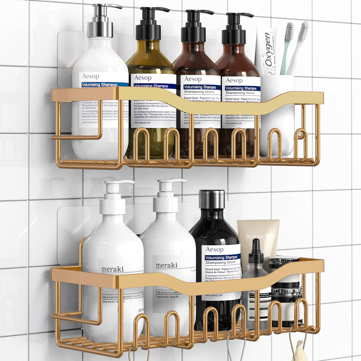 EUDELE 5-Pack Rustproof Stainless Steel Shower Caddy Set– No Drill Adhesive Bathroom Organizer, Space-Saving Shower Shelves for Apartment Essentials, Bathroom/Kitchen Storage Home Decor-L Size
