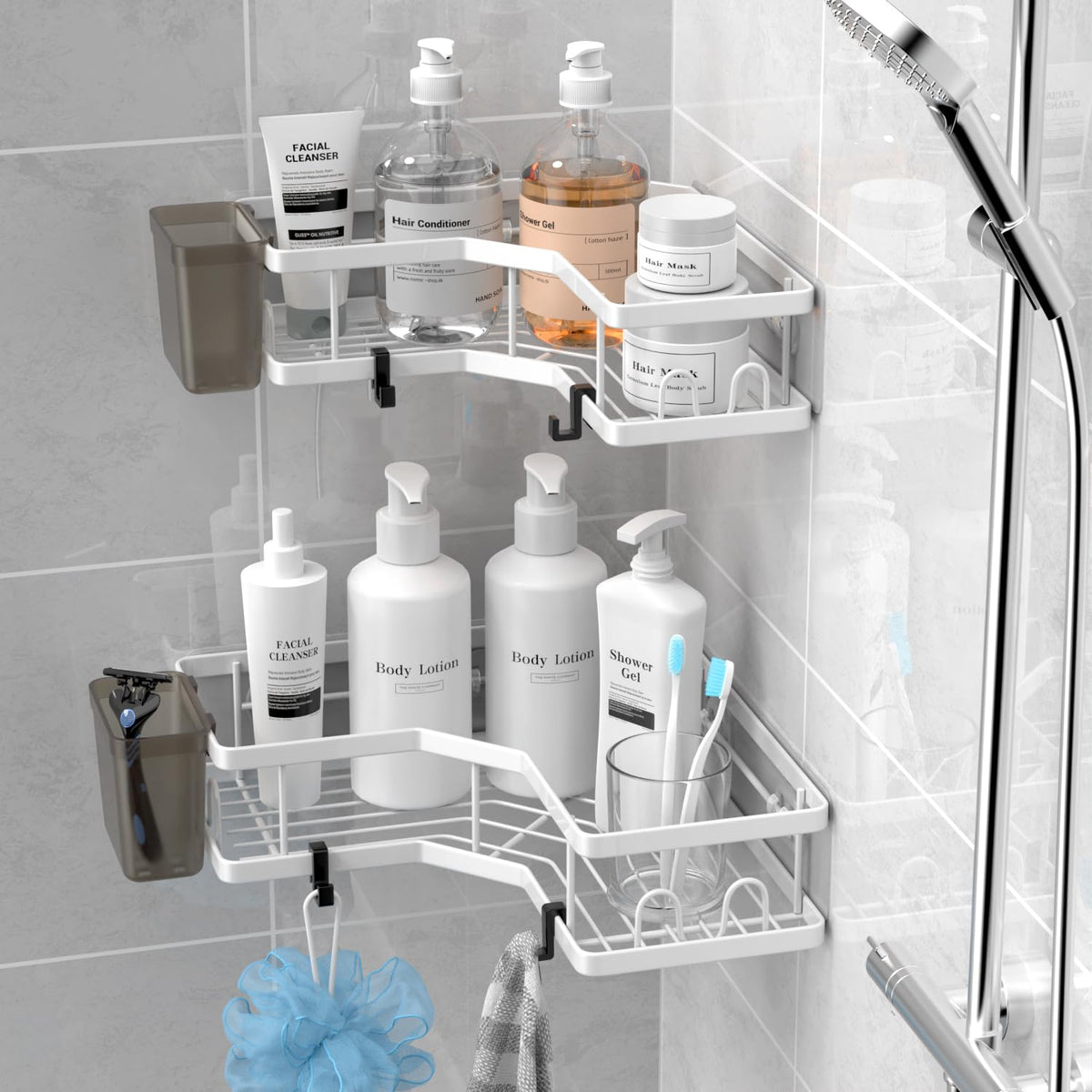 AKTECKE Corner Shower Caddy Bathroom Organizer 2 Pack Adhesive Shelf Decor- No Drilling Stainless Steel Storage Rack with Hooks and Toothpaste Holder - Accessories Stuff