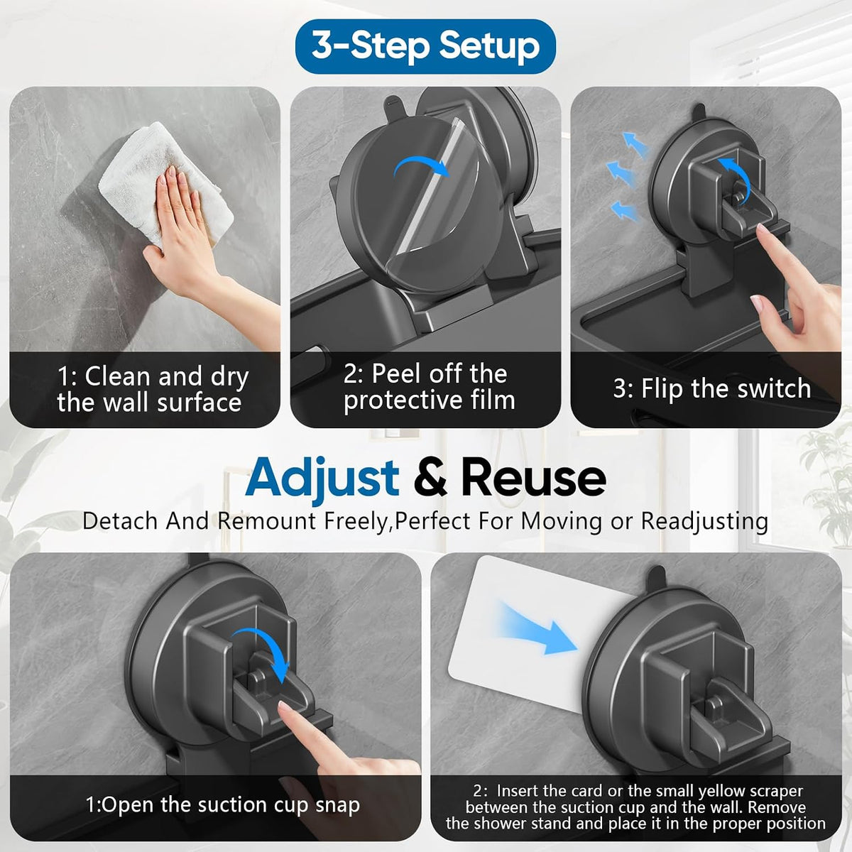 【2026 Upgraded】New Suction Cup Shower Caddy,Extremely Strong Suction Power,Removable Shower Corner Shelf Suction Cup,No Drilling Rust Proof Aluminum Corner Shower Caddy Suction Cup (2-Pack,Grey)