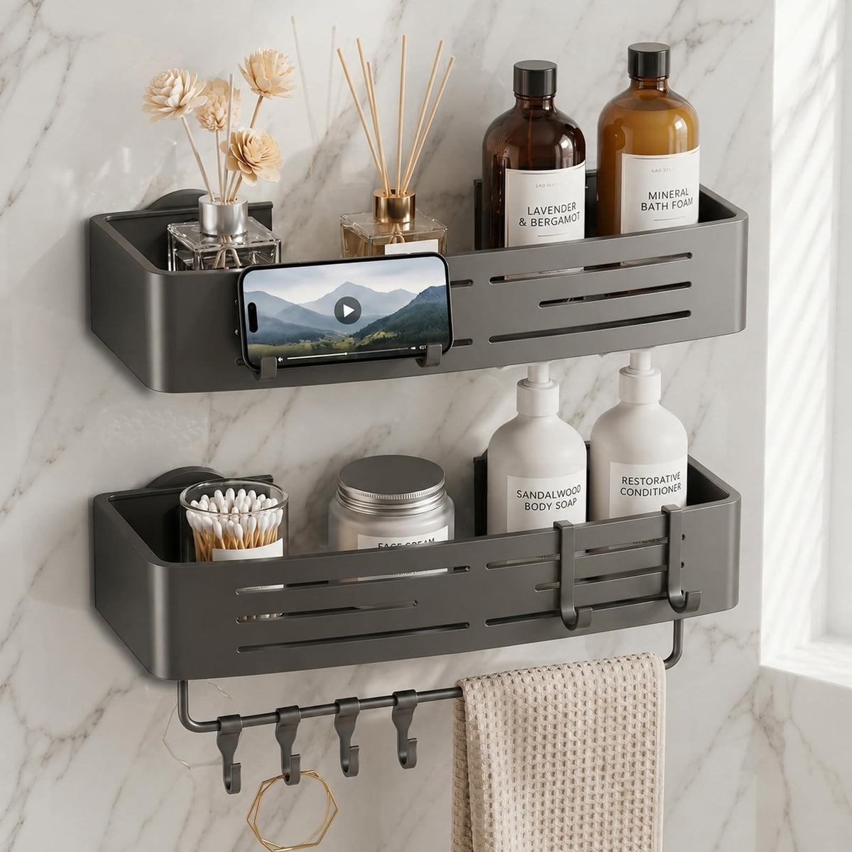 2 PCS Corner Shower Caddy Suction Cup with Hooks, No-Drilling (Gray)
