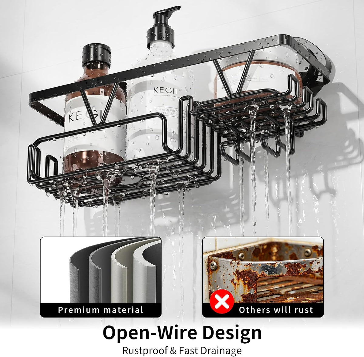 KEGII Shower Caddy Suction Cup with Soap Holder and Hooks, Matte Black