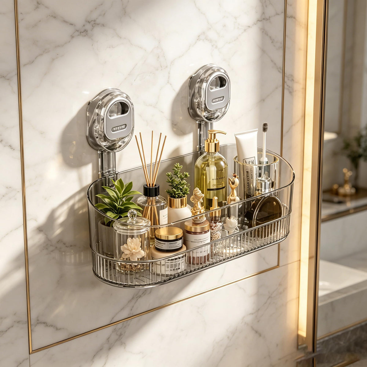 Eeghurt No Drilling Bathroom Suction Storage Box, Large Capacity & Strong Load-Bearing, Glacier Pattern Suction Cup Shower Caddy Hanging Shower Shelf Heavy Duty Shower Organizer (Gold)