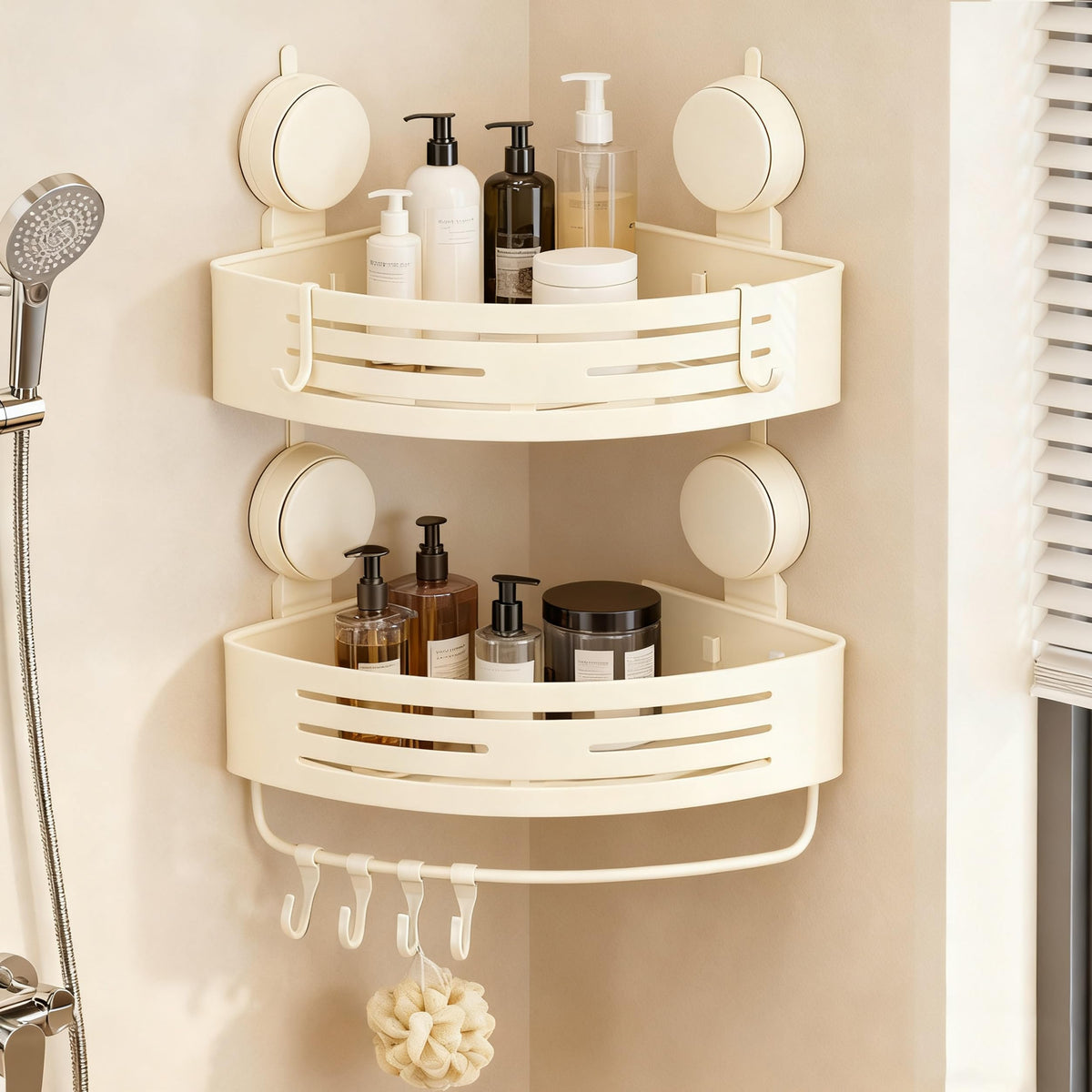 Corner Shower Caddy Bathroom Organizer(2-Pack Cream White),No-Drilling Aluminum Suction Cup Corner Shower Shelf with Towel Bar & Hooks,Detachable and Reusable Bathroom and Kitchen Storage