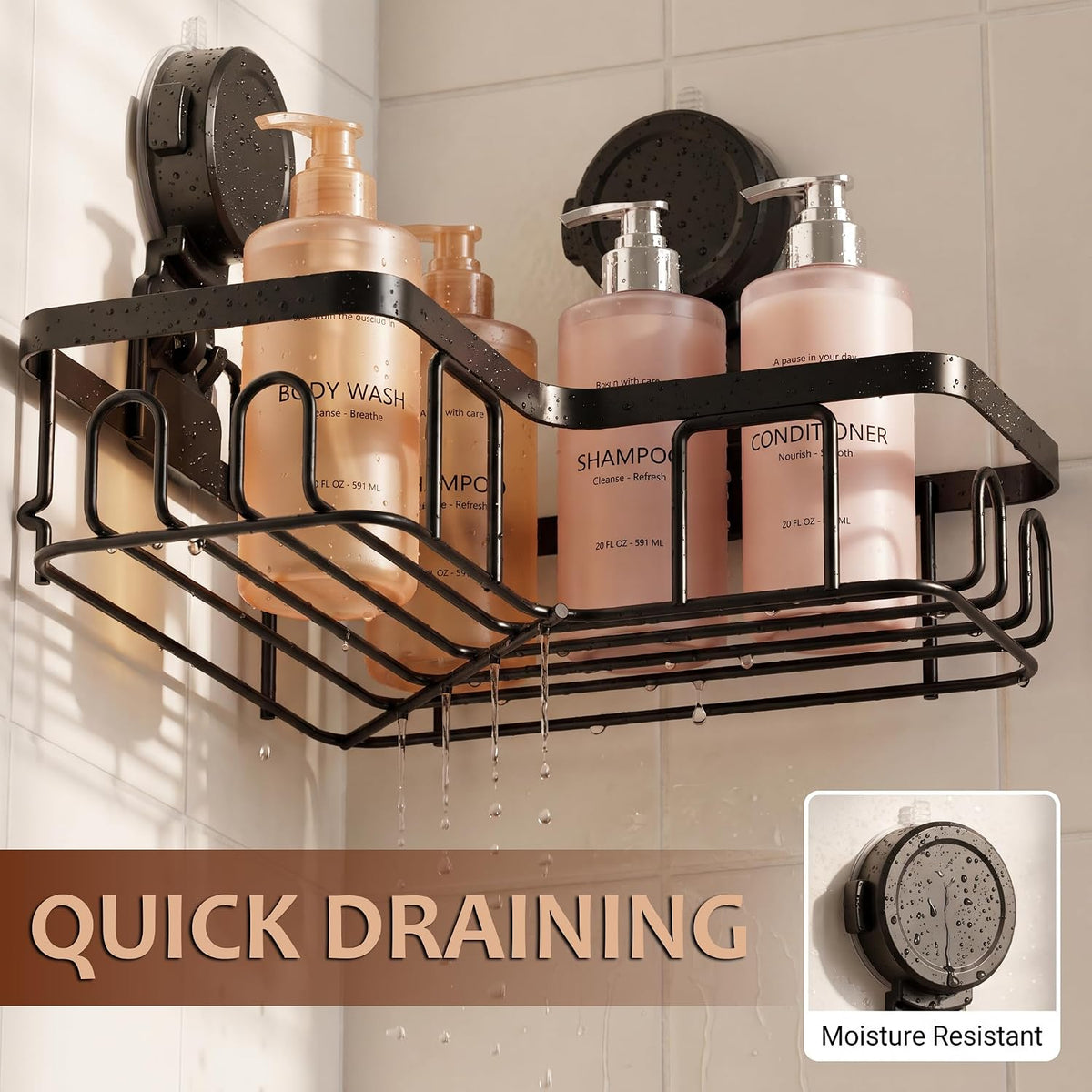 Moforoco Corner Shower Caddy Suction Cup, No Drilling Stainless Steel Shower Shelves, Portable/Movable Large Suction Cup Shower Organizer with Hooks Bathroom Storage Rack(Black)