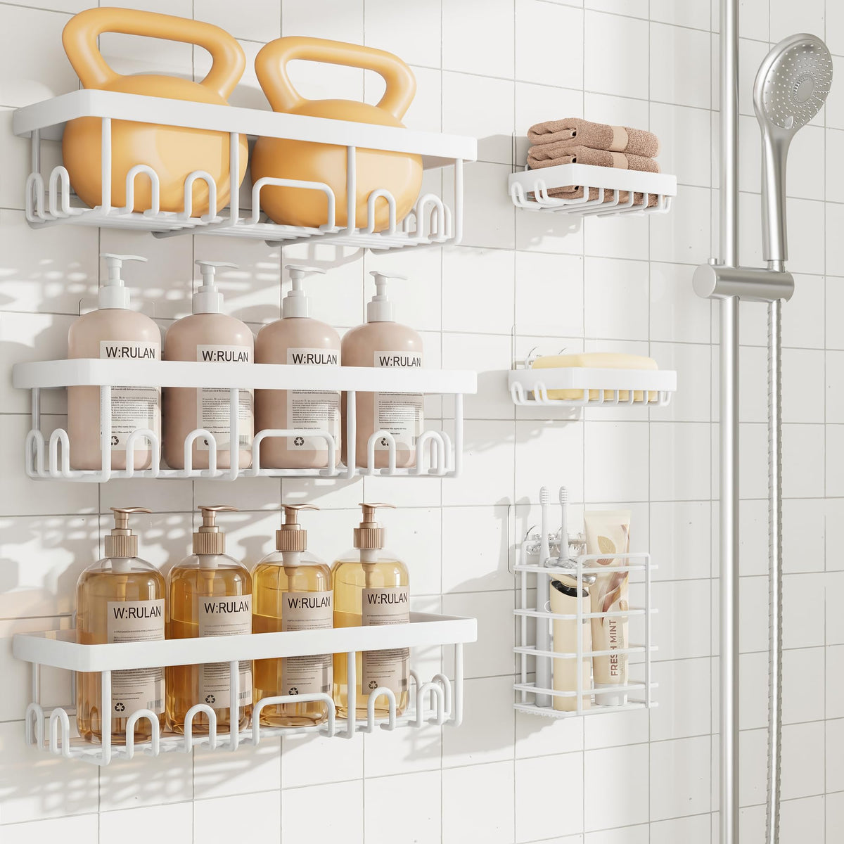 Veken Rustproof & Waterproof Shower Caddy 6-Pack, No Drilling Adhesive Shelves Rack with Soap Holder, Large Capacity Bathroom Organizers and Storage, Wall-Mounted Kitchen & Home Decor, Green