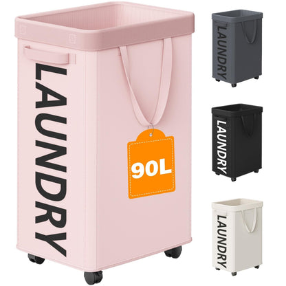 Optish 90L Laundry Basket with Wheels, Rolling Hamper with Removable Bag