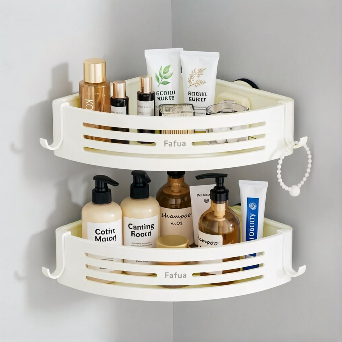 Shower Caddy Suction Cup, No-Drilling Hanging Shower Shelves with Hooks, Waterproof & Rustproof Removable Shower Organizer for Bathroom Storage