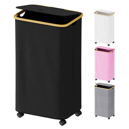SUOCO Laundry Basket with Lid, 29 Gal (110L) Clothes Hamper with Bamboo Handles, Large Foldable Laundry Hamper for Bedroom, Bathroom, Dorm, Laundry Room - Black