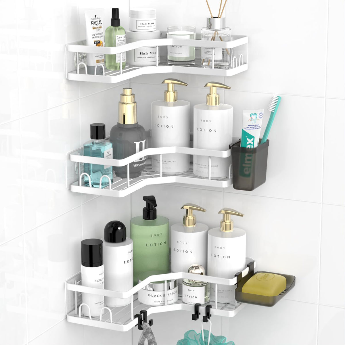 AKTECKE Corner Shower Caddy Bathroom Organizer 2 Pack Adhesive Shelf Decor- No Drilling Stainless Steel Storage Rack with Hooks and Toothpaste Holder - Accessories Stuff