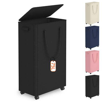 Slim Laundry Hamper with Wheels,20 Gal (75L) Rolling Laundry Basket with lid and wheels Clothes Hamper Foldable Tall Dirty Clothes Basket Sturdy Collapsible Clothes Hamper for Dorm,Laundry Room