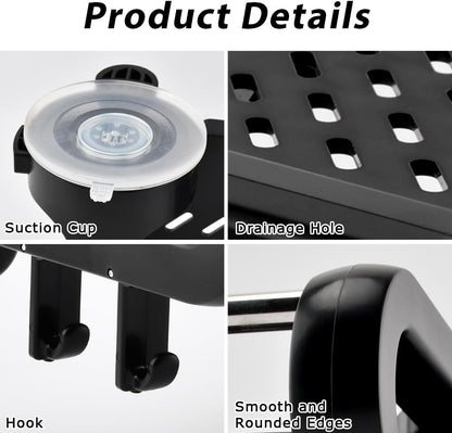 Suction Cup Shower Caddy, Removable Shower Shelf for Bathroom Storage, Holds Up to 22 lbs, No Drilling Tool-Free Installation, Reusable Design, Quick Drain, Black