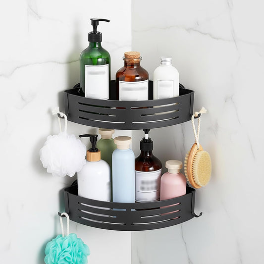 2PCS Shower Caddy Corner, Suction Cup Shelves with Hook, Aluminum