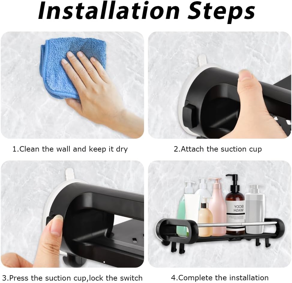 Suction Cup Shower Caddy, Removable Shower Shelf for Bathroom Storage, Holds Up to 22 lbs, No Drilling Tool-Free Installation, Reusable Design, Quick Drain, Black