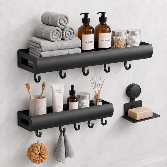 Shower Caddy 3 Pack, No Drill Adhesive & Suction Cup Shower Organizer, Rustproof Space Aluminum & Carbon Steel Shower Shelves, Heavy Duty Wall Mounted Bathroom Storage with Hooks