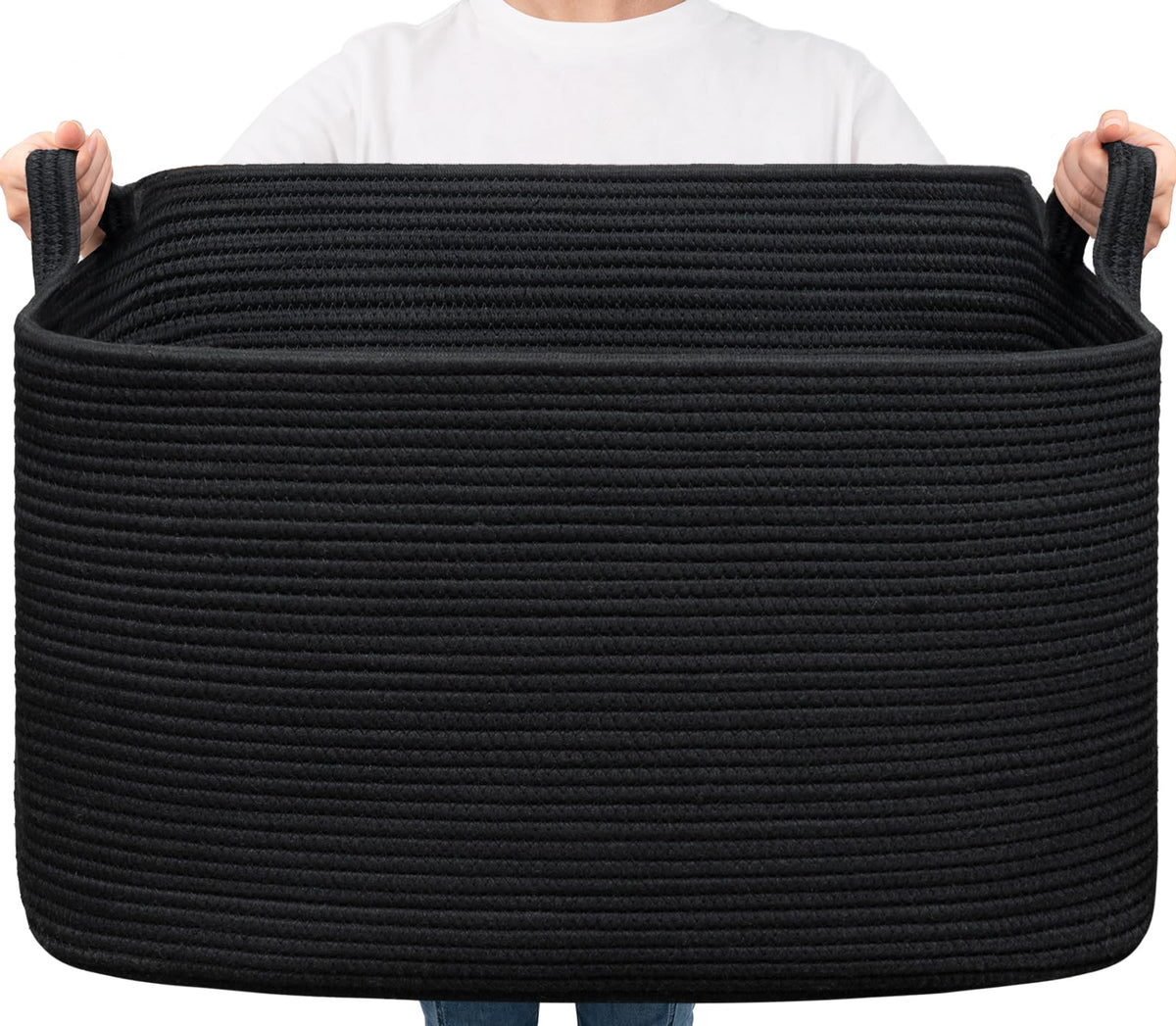 Goodpick Large Woven Rope Blanket Basket, Rectangle, Black, 75L