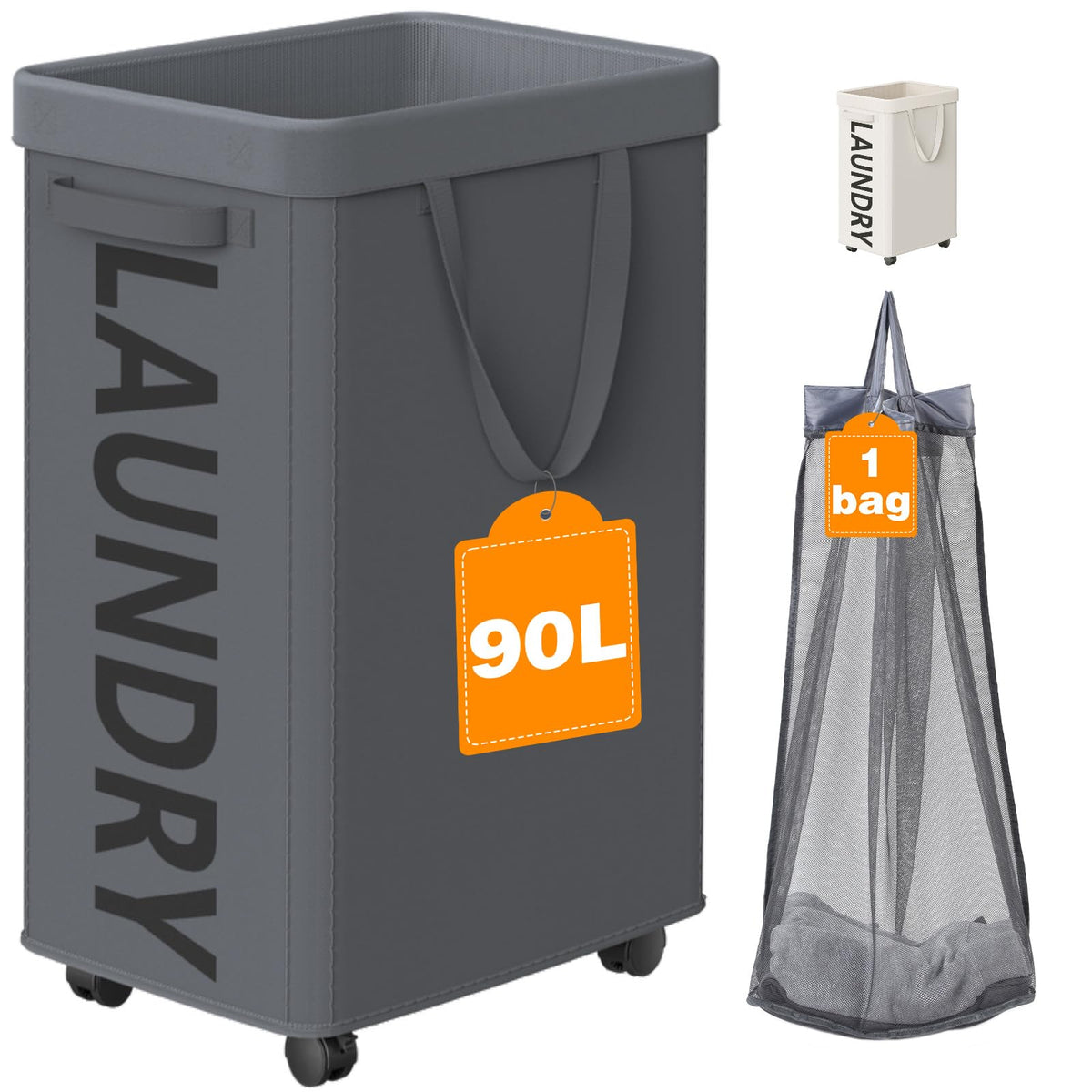 Optish 90L Laundry Basket with Wheels, Rolling Hamper with Removable Bag