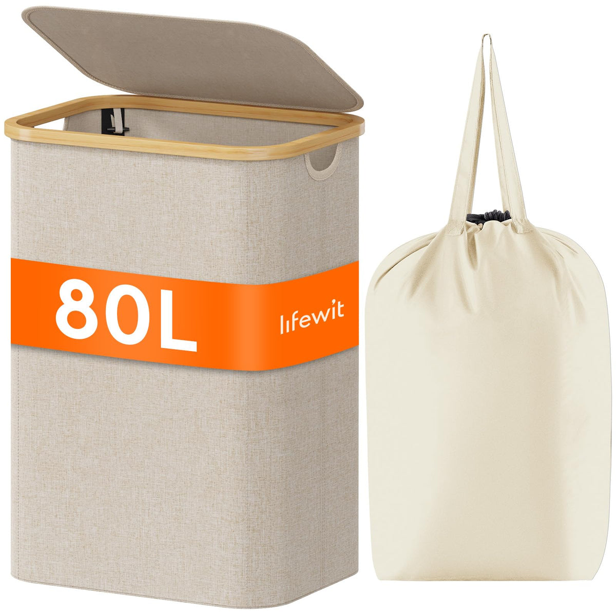 Lifewit 150L Large Laundry Basket with Lid, 2 Removable Bags, Black