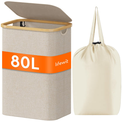 Lifewit 150L Large Laundry Basket with Lid, 2 Removable Bags, Black