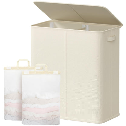 Lifewit Double Laundry Hamper with Lid, Removable Laundry Bags, Beige