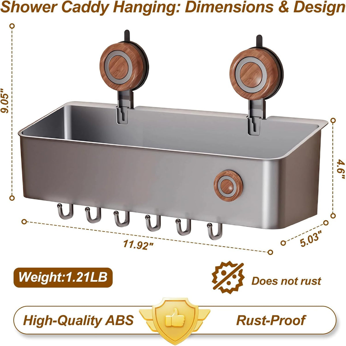 Shower Caddy Suction Cup, Removable Waterproof Bathroom Organizer Shower Shelf with Drainage, Suction Plastic Storage for Inside Shower, Shampoo, Bathroom Accessories Holder, Gray (Mahogany-L)