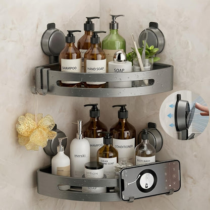 2 Pack Corner Shower Caddy Suction Cup, Bathroom Corner Hanging Shelves,Waterproof Rustproof,No Drilling Removable,Bathroom Organizers & Storage With Hooks,Apartment Dorm Rv Bathroom Rental Shower