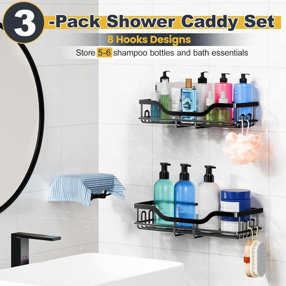 OMAIRA 3-Pack Shower Caddy with Soap Holder, Adhesive Rustproof No-drill Strudy Loading Inside Shower Organizer Shelves Rack Storage Bathroom Organization for Smooth Wall Glass Tile, Black (X-Large)