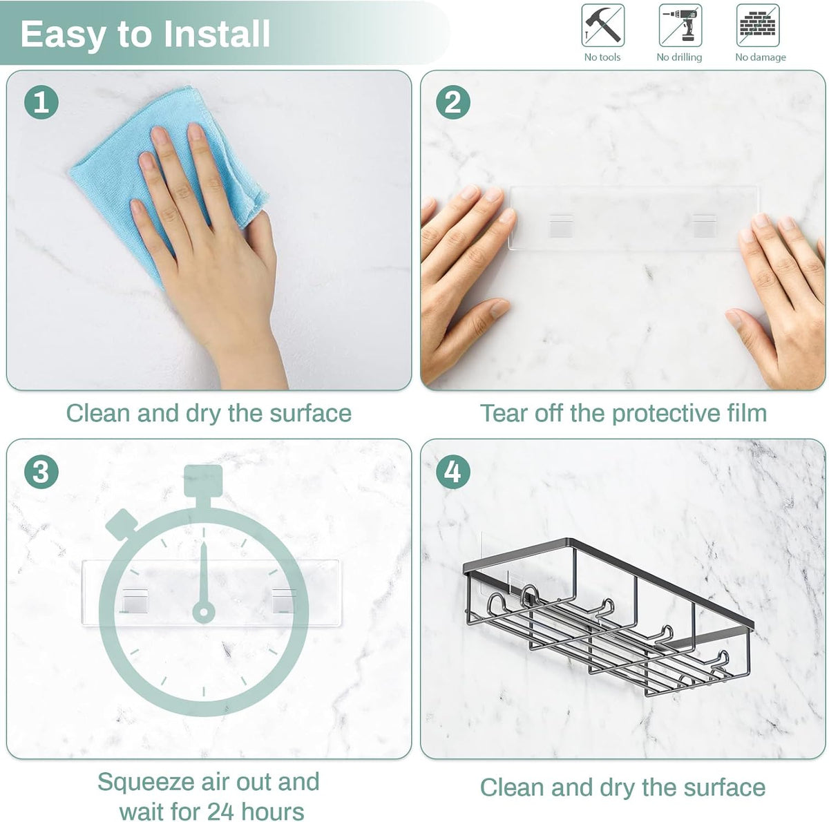 Adhesive Large Wall Shower Caddy Shelves for Inside Shower with Hooks