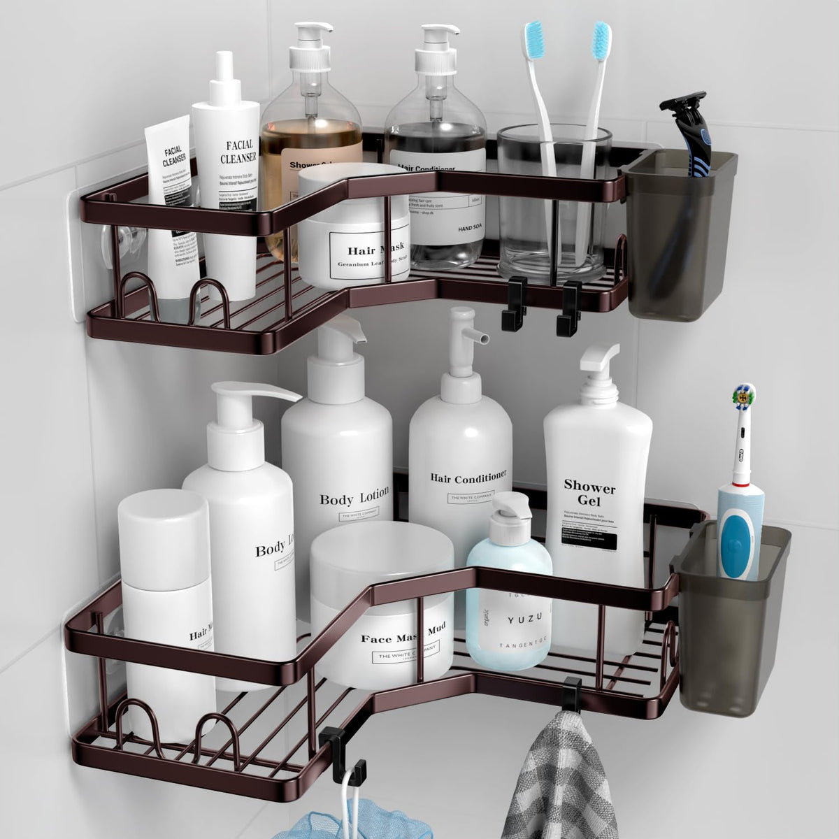 AKTECKE Corner Shower Caddy Bathroom Organizer 2 Pack Adhesive Shelf Decor- No Drilling Stainless Steel Storage Rack with Hooks and Toothpaste Holder - Accessories Stuff