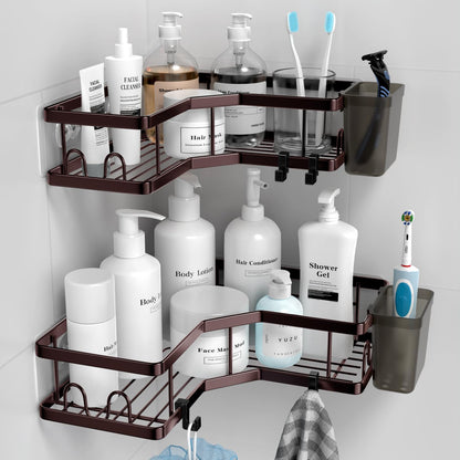 AKTECKE Corner Shower Caddy Bathroom Organizer 2 Pack Adhesive Shelf Decor- No Drilling Stainless Steel Storage Rack with Hooks and Toothpaste Holder - Accessories Stuff