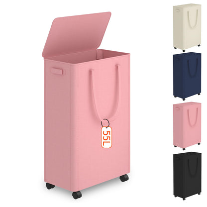 Slim Laundry Hamper with Wheels,20 Gal (75L) Rolling Laundry Basket with lid and wheels Clothes Hamper Foldable Tall Dirty Clothes Basket Sturdy Collapsible Clothes Hamper for Dorm,Laundry Room