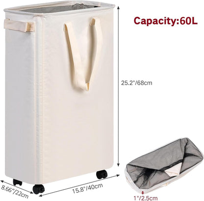 efluky Slim Laundry Hamper with Wheels, Rolling Laundry Basket for Clothes, Small Laundry Basket for Bedroom, Dorm and Laundry Room, 60L (12.7 Gallons) Beige
