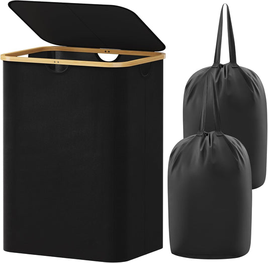 Lifewit 150L Large Laundry Basket with Lid, 2 Removable Bags, Black