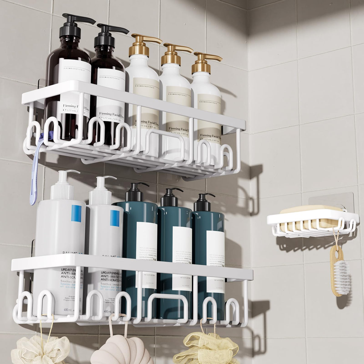 Veken Rustproof & Waterproof Shower Caddy 6-Pack, No Drilling Adhesive Shelves Rack with Soap Holder, Large Capacity Bathroom Organizers and Storage, Wall-Mounted Kitchen & Home Decor, Green