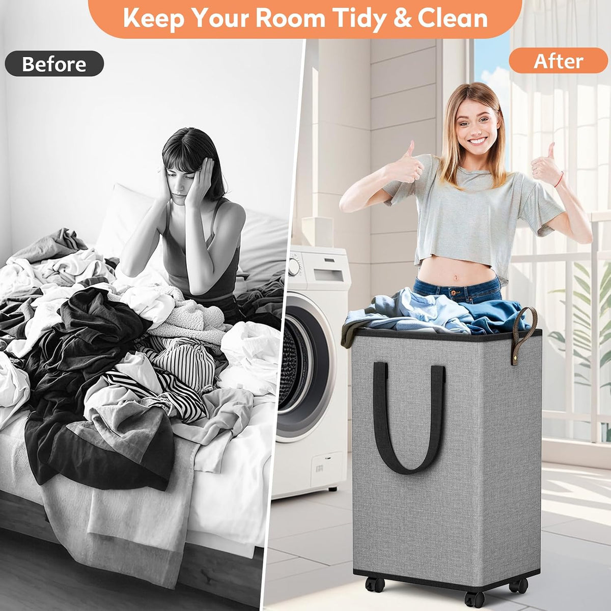 SpaceTrove Rolling Laundry Basket with Wheels, Laundry Hamper, 80L, Grey