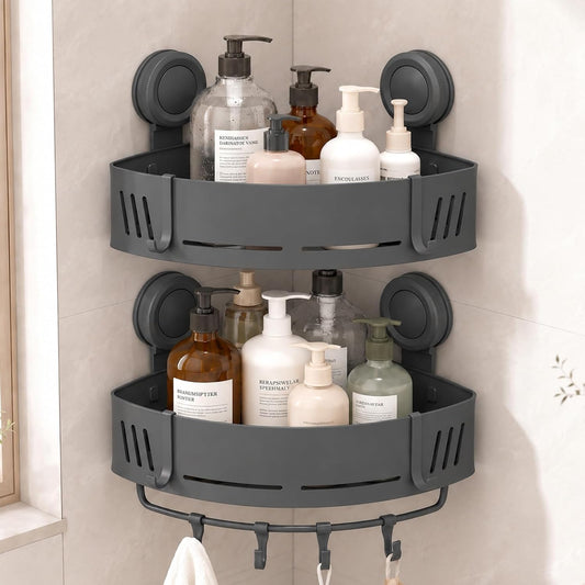 Suction Cup Corner Shower Caddy, No Drilling Aluminum Shower Shelf (Gray)