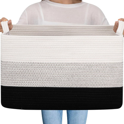 OIAHOMY Extra Large Blanket Basket, 95L Cotton Rope Woven Laundry Basket, Toy Bin for Baby Room, Container for Blanket Storage in Living Room, 24''×17''×14'', Gradient Brown