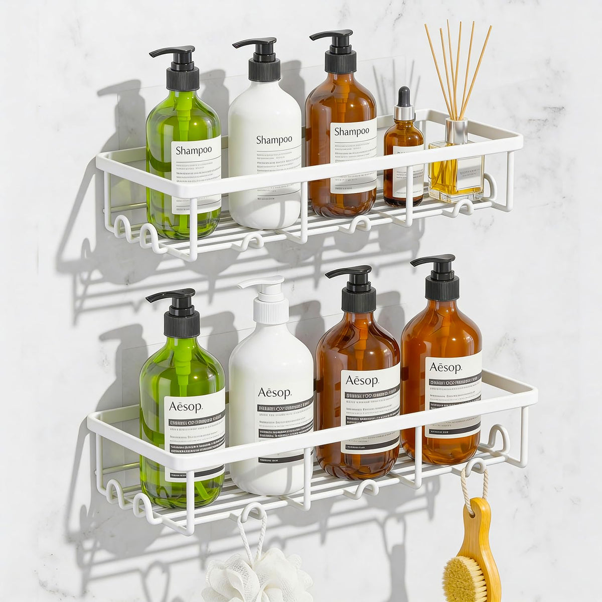 Adhesive Large Wall Shower Caddy Shelves for Inside Shower with Hooks