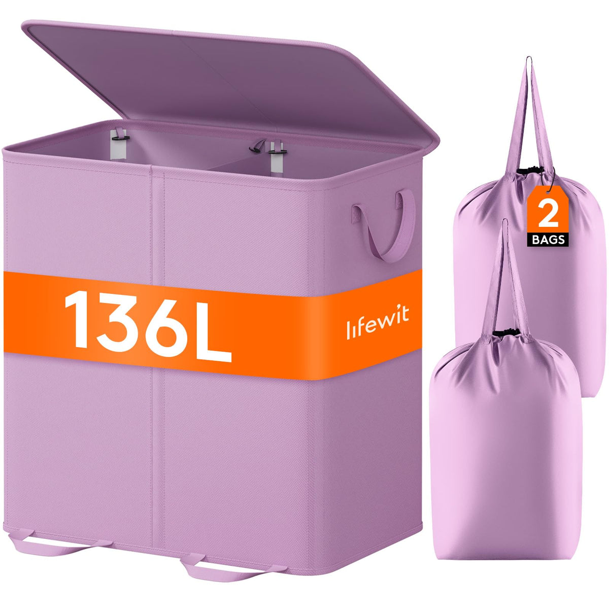 Lifewit Double Laundry Hamper with Lid, Removable Laundry Bags, Beige