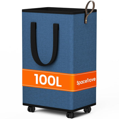 SpaceTrove Rolling Laundry Basket with Wheels, Laundry Hamper, 80L, Grey