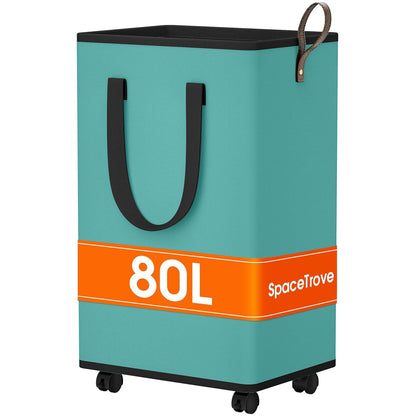SpaceTrove Rolling Laundry Basket with Wheels, Laundry Hamper, 80L, Grey