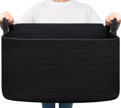 Goodpick Large Woven Rope Blanket Basket, Rectangle, Black, 75L