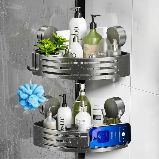 2 Pack Corner Shower Caddy Suction Cup, Bathroom Corner Hanging Shelves,Waterproof Rustproof,No Drilling Removable,Bathroom Organizers & Storage With Hooks,Apartment Dorm Rv Bathroom Rental Shower