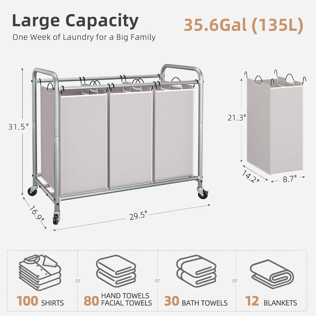 STORAGE MANIAC 3 Section Laundry Sorter, Laundry Hamper with Wheels, Gray
