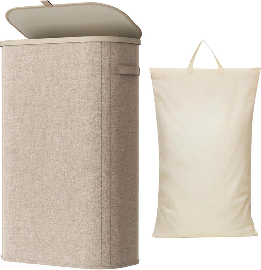 Lifewit Slim Laundry Basket with Lid and Removable Bag, 65L, Beige
