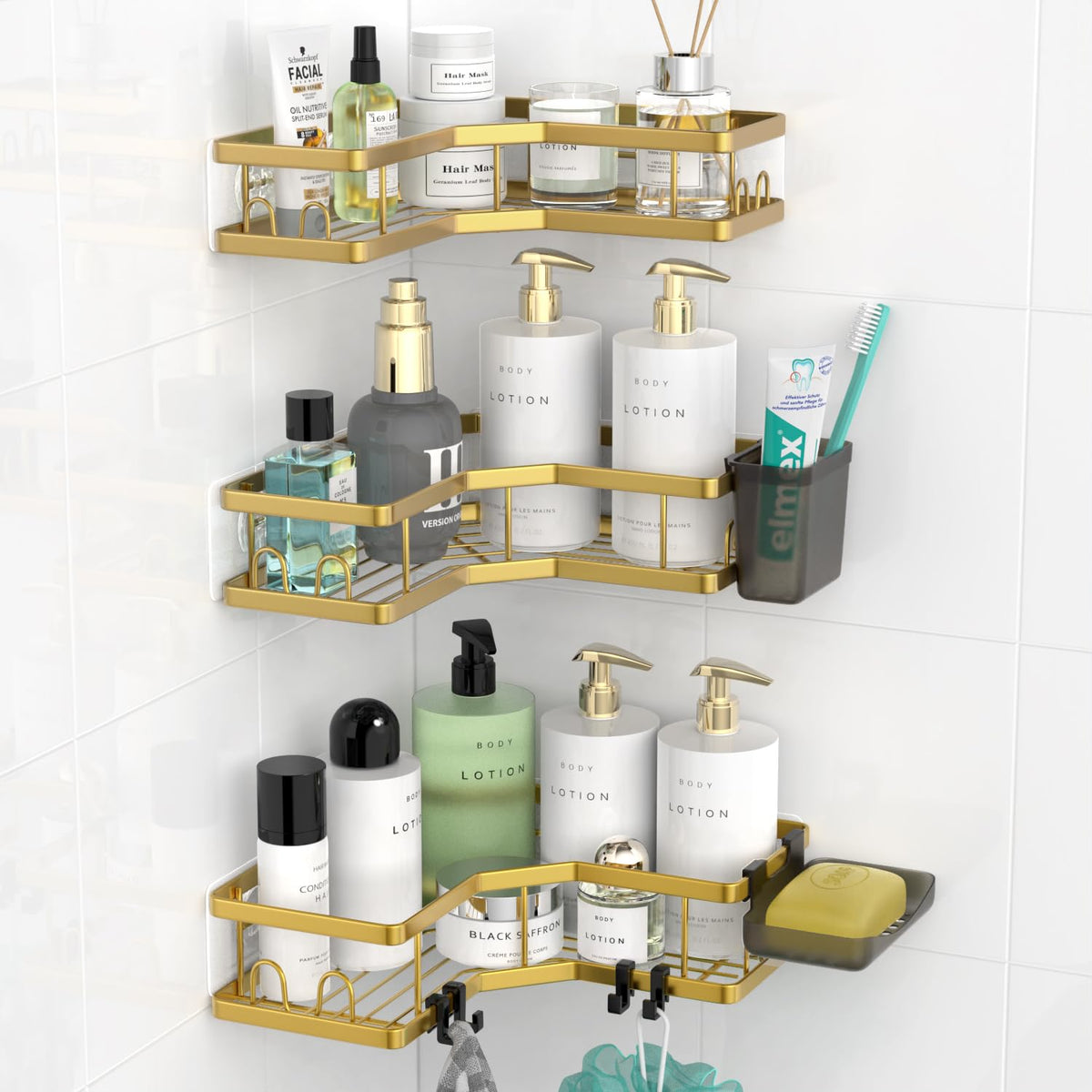 AKTECKE Corner Shower Caddy Bathroom Organizer 2 Pack Adhesive Shelf Decor- No Drilling Stainless Steel Storage Rack with Hooks and Toothpaste Holder - Accessories Stuff