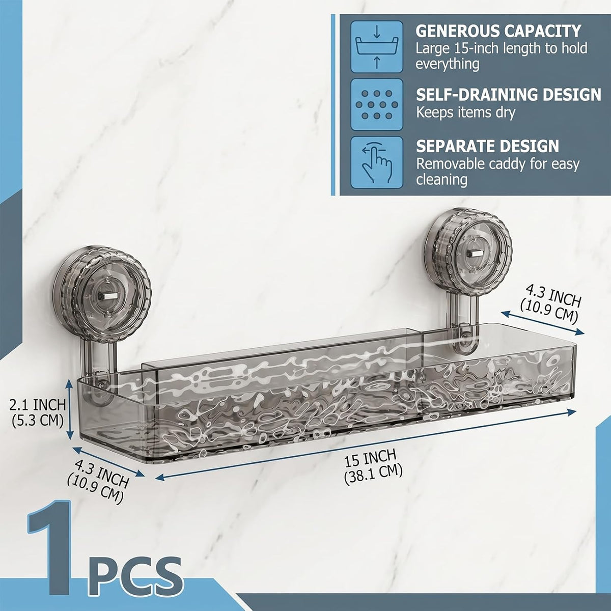 Shower Caddy Suction Cup,Bathroom Shower Organizer for Bathroom Storage & Home Decor & Kitchen No Drilling Large Capacity Removable Reusable Shower Shelves for Inside Shower(1Pack-Transparent Silver)
