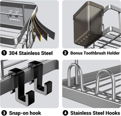 AKTECKE Corner Shower Caddy Bathroom Organizer 2 Pack Adhesive Shelf Decor- No Drilling Stainless Steel Storage Rack with Hooks and Toothpaste Holder - Accessories Stuff